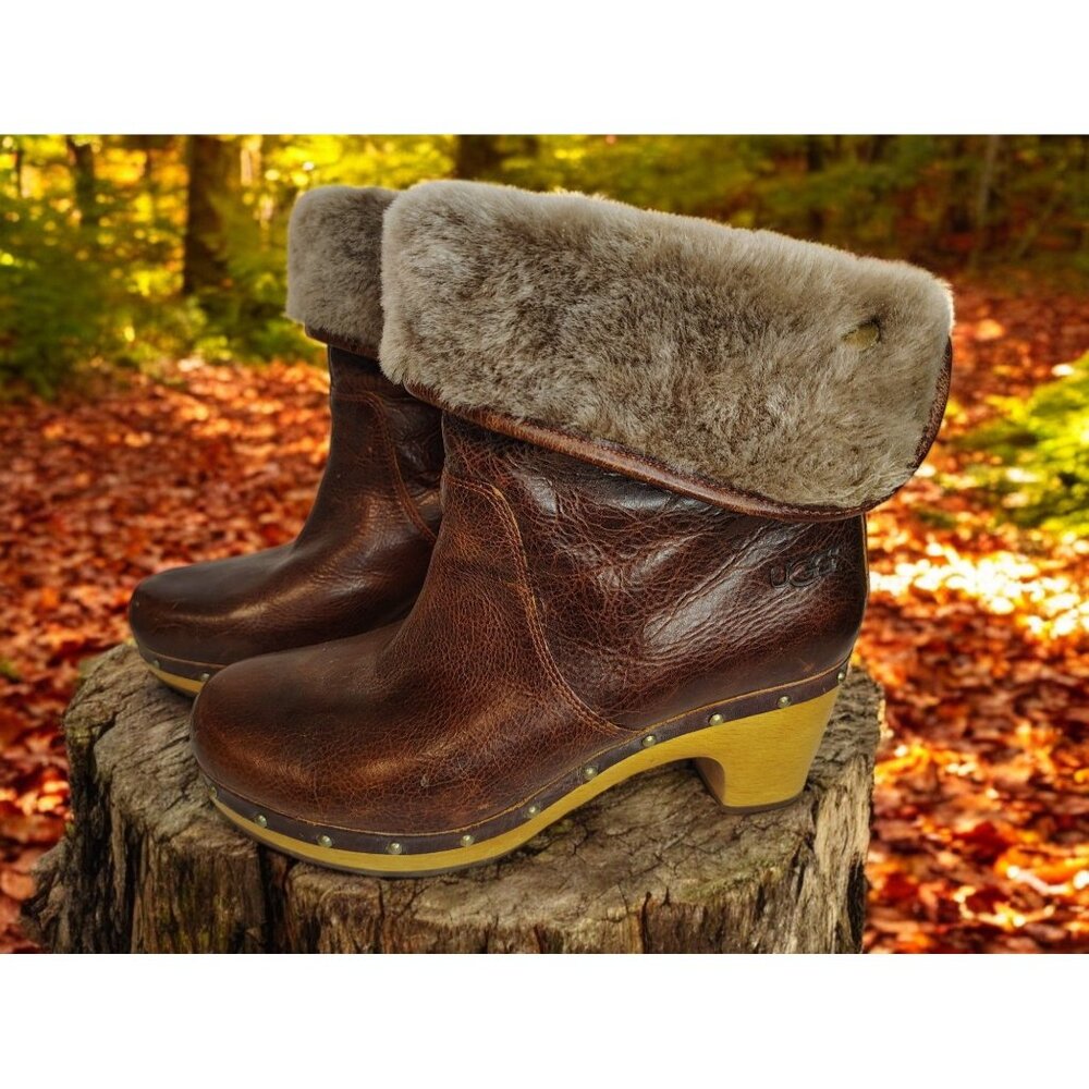 UGG Size 6 Lynnea Chestnut Studded Distressed Clog Boot Foldover Shearling Cuff